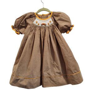 Petit Ami brown Fall Gingham Smocked pumpkin dress 12 Months W/ Bloomers